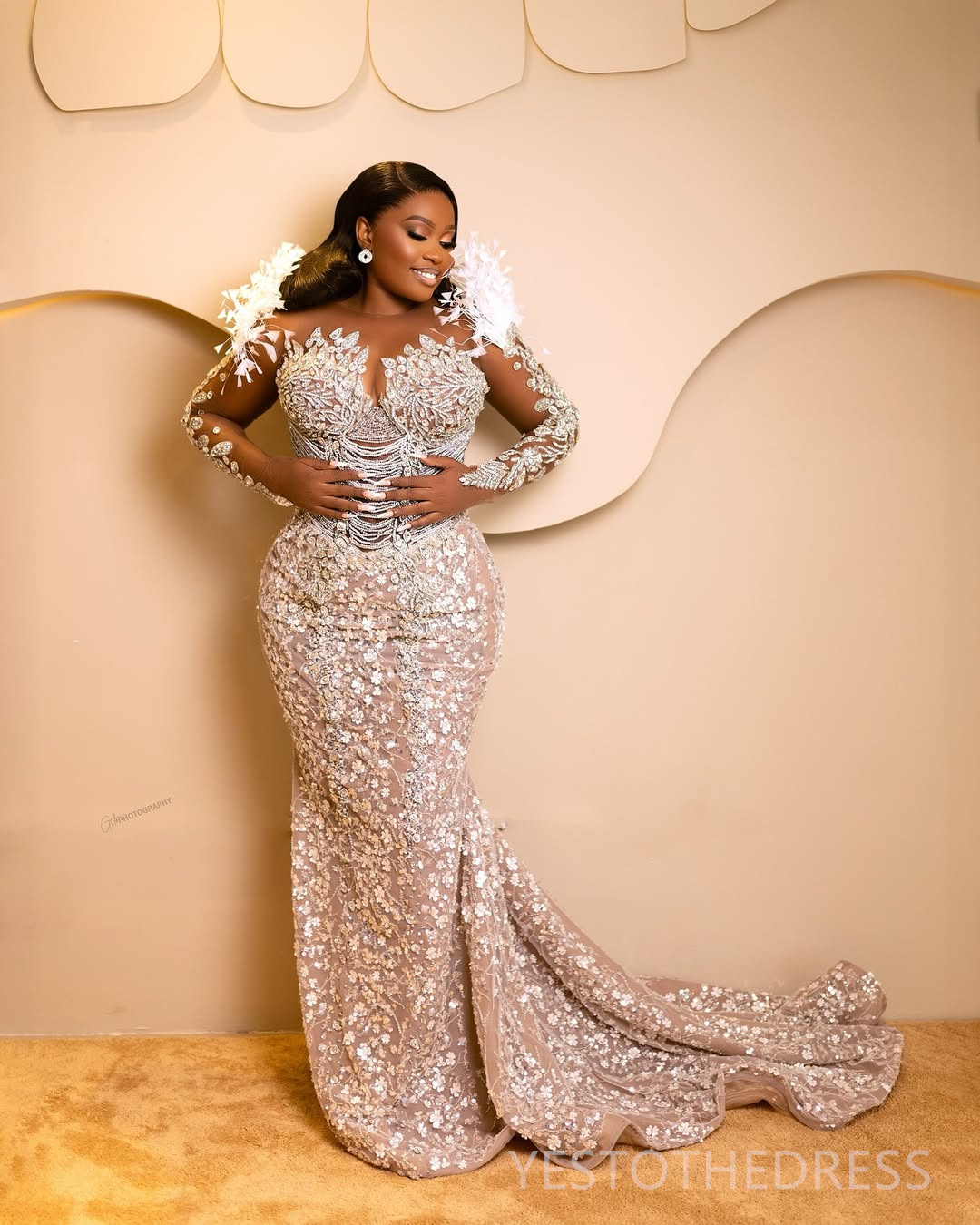 2025 Plus Size Aso Ebi Prom Dress Mermaid Prom Dresses Formal Gowns Illusion Sheer Neck Feather Long Sleeve Beaded Lace Birthday Second Reception Gown