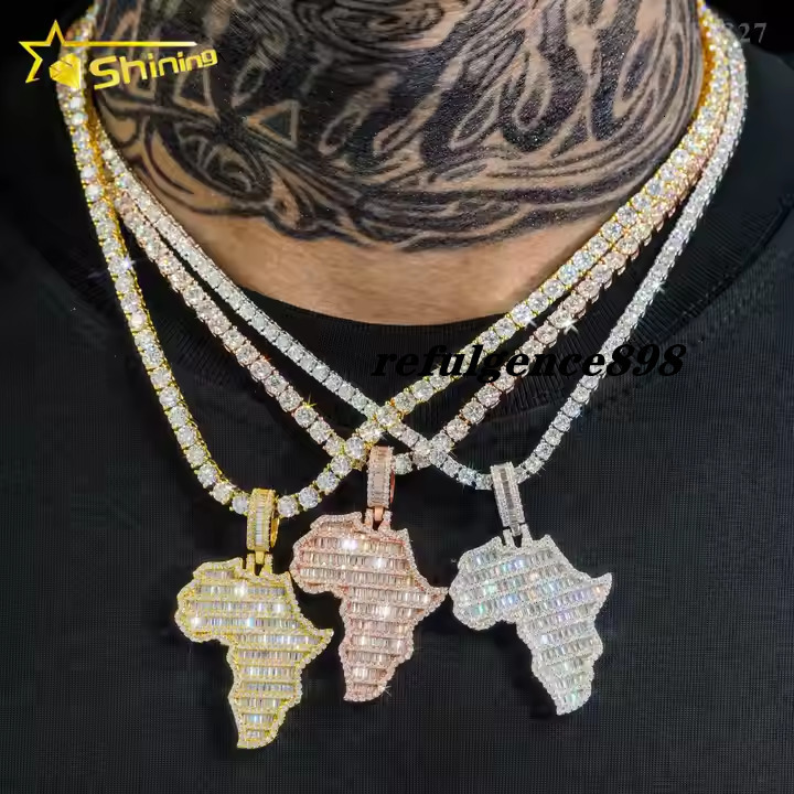 Hip Hop Map Moissanite Pendant Custom Iced Out 925 Sterling Silver VVS Moissanite Pendant Charms Necklace
