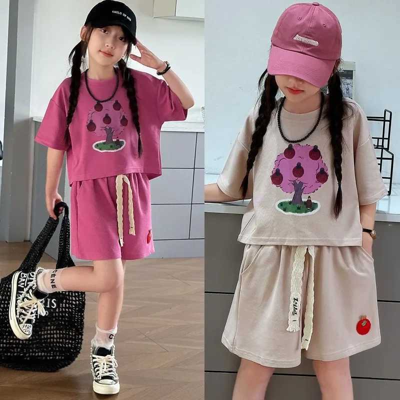 Summer girls clothing set countryside style short sleeved T-shirt and shorts 2-piece set teenage fashion topT250327