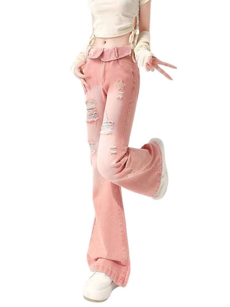 Women Pink Star Jeans Haruku Y2k 90S Aesthetic High Waist Ripped Denim Trouser Korean Jean Pants Vintage 2000S Trashy Clothes