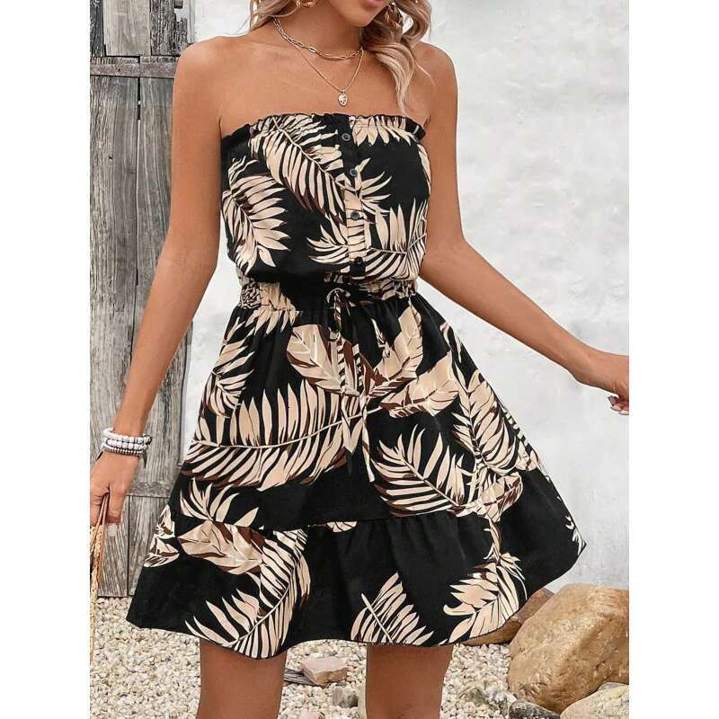 Dongdumaoyi Sexy Strapless Tube Top Taille Gecontroleerde Veters Hot Selling Bloemenprint Vakantie Dameskleding Mode Jurk C