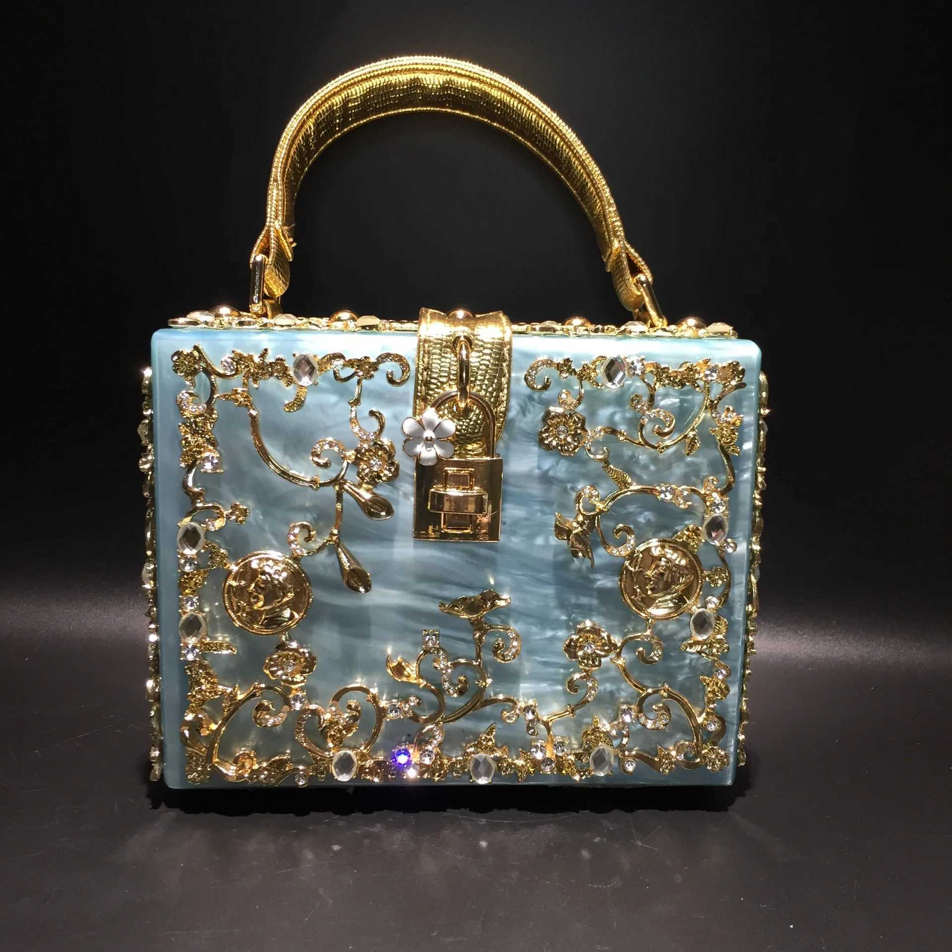 Crystal evening bag for women new hollow outer metal carving flower diamond handbag box fAshionable shoulder cross shaped bag Z250326