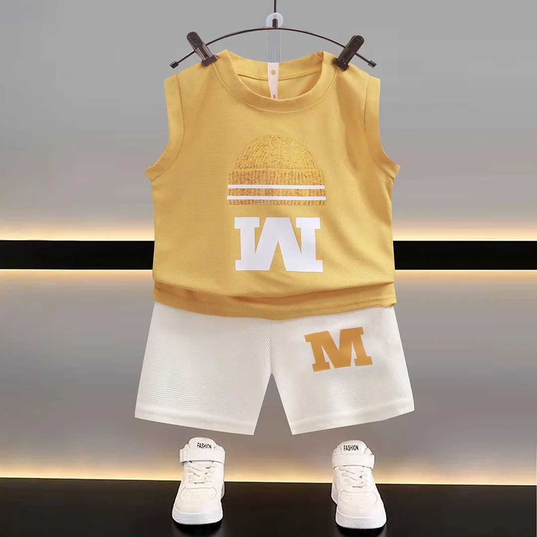 2024 New Summer Childrens Sportswear Set Boys and Girls Cartoon Letter Printed Sleeveless Tank Top+Shorts Baby Casual ClothingT250327
