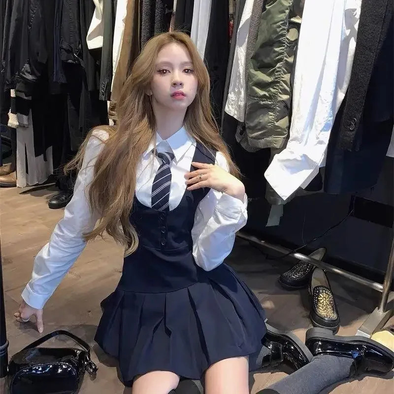 Japanese and Korean Academy Style JK Set Womens Long Sleeve Folded Belt Dress Two Piece School Uniform 250326