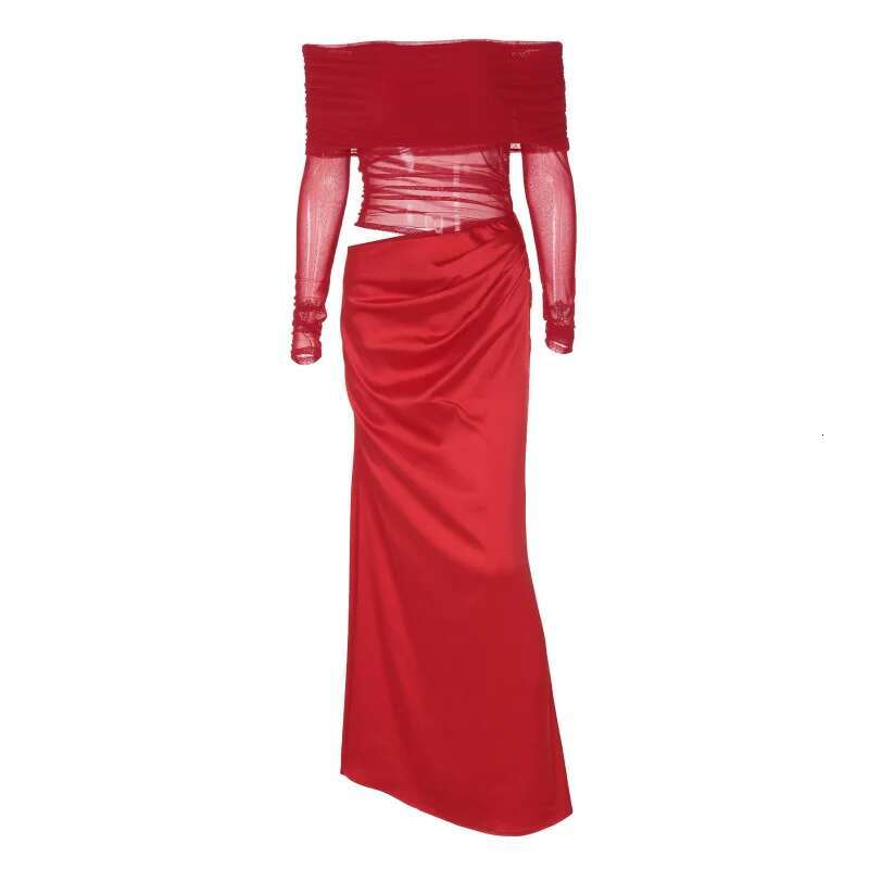 Dongdumaoyi Lente Nieuwe Mode Mesh Een Schouder Lange Mouwen Patchwork Hollow Out Slim Fit Jurk C