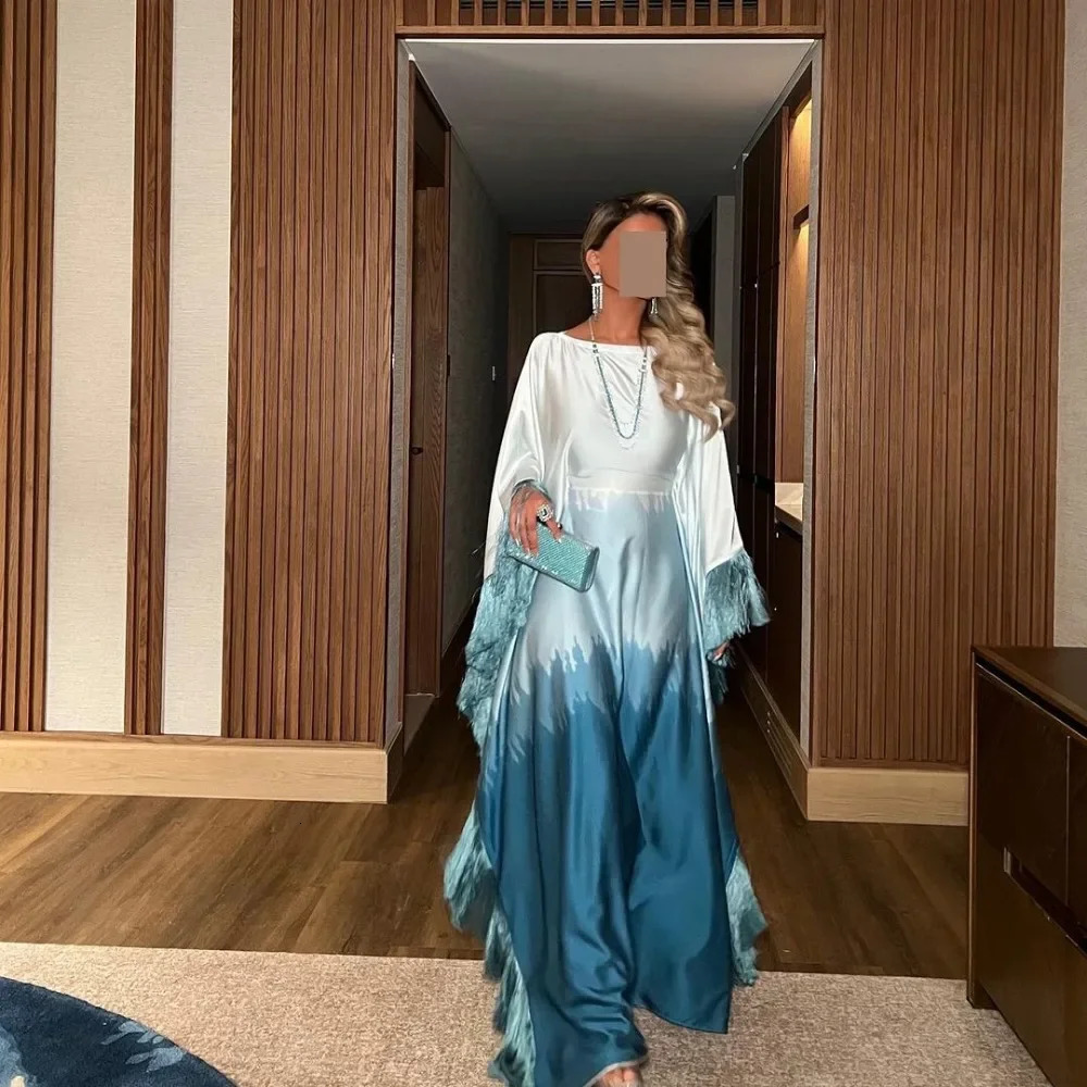 Muslim Batwing Sleeve Gradient Tassel Abayas Dubai Deluxe Print Maxi Dress Ramadan Islamic Women Party Evening 250326
