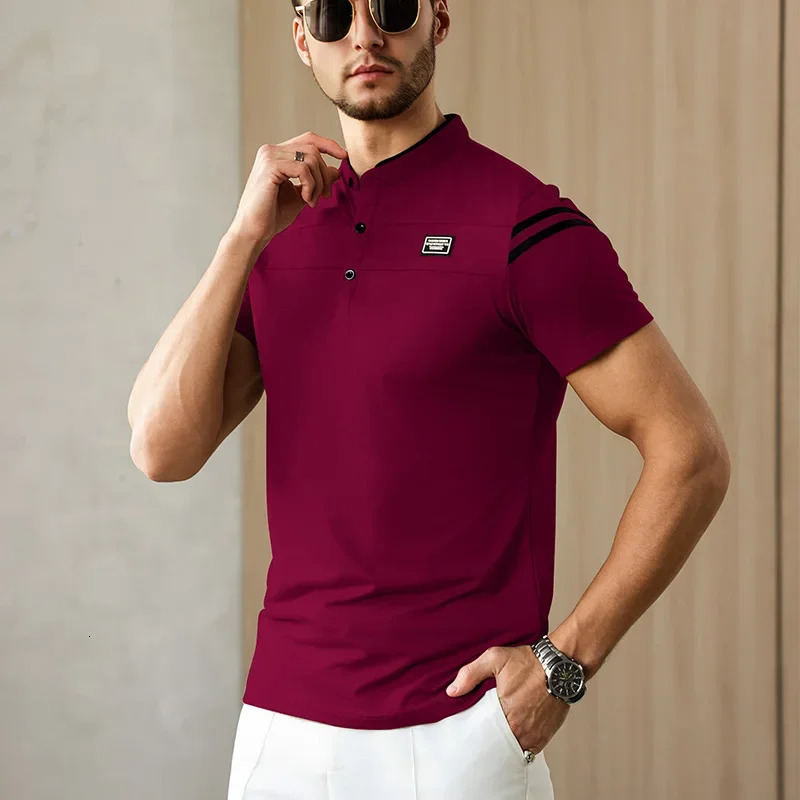 mens casual fashion solid color short sleeved polo shirt stand up collar version comfortable top 250327