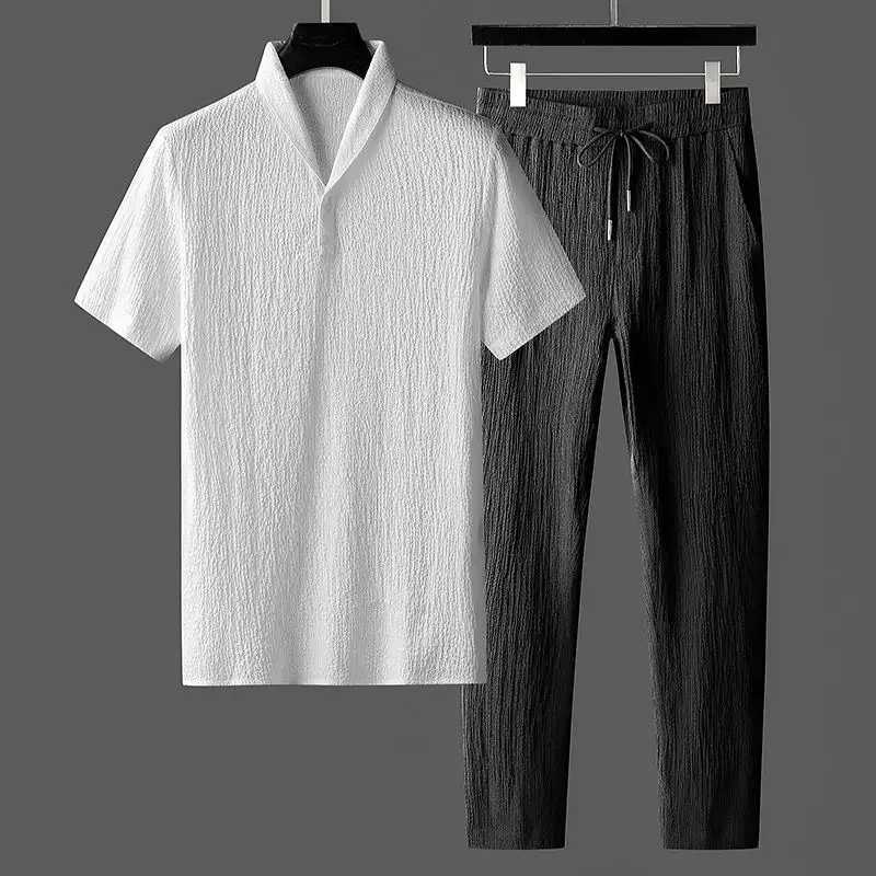 Mens pleated ice silk T-shirt short sleeved sportswear pants a lightweight summer outfitXJ250326