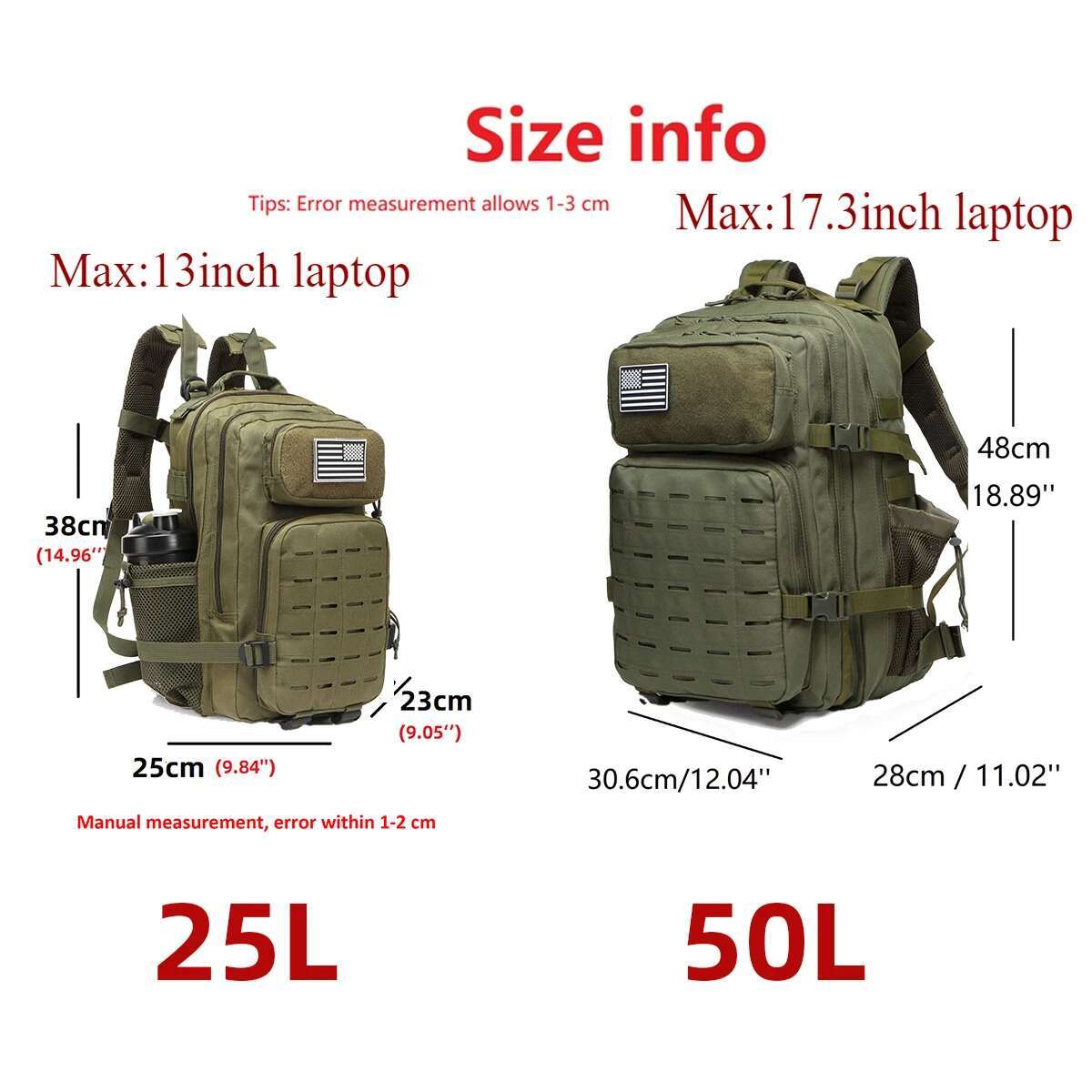 25L/50L Tactical Bag Hunting MOLLE Backpack GYM For Men EDC Outdoor Hiking Rucksack Witch 2 Bottle Holders