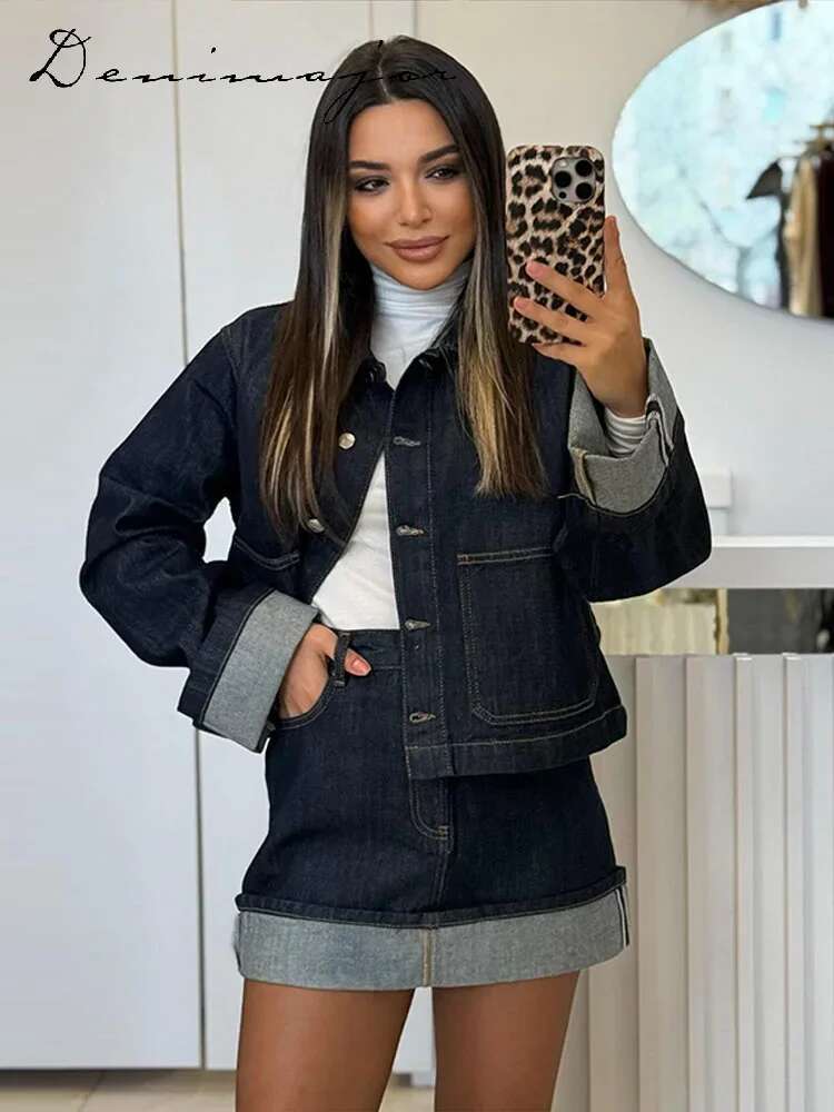 Chic Denim Jacket Mini Skirts Set Women Lapel Single Breasted Long Sleeve Coat Slim Short Skirt 2025 Spring Elegant Lady Outfit