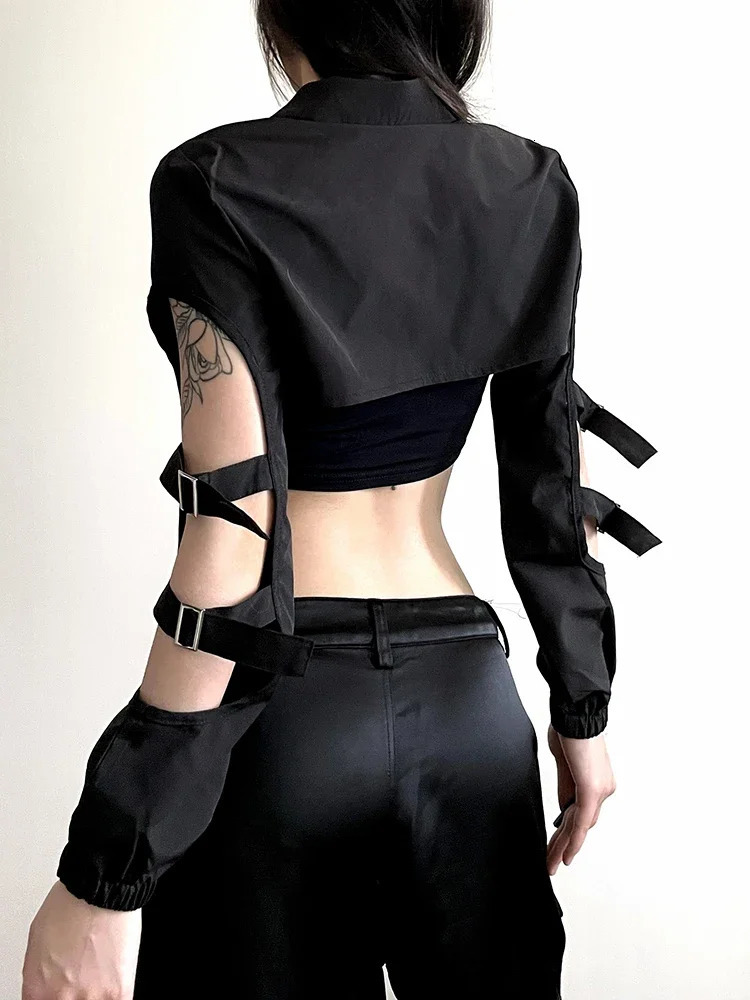 Hollow Out Techwear Fashion Cargo Cardigans Cyber Gothic Zip Up Sexy Crop Jackets Y2k Punk Turtleneck Streetwear Tops 250322