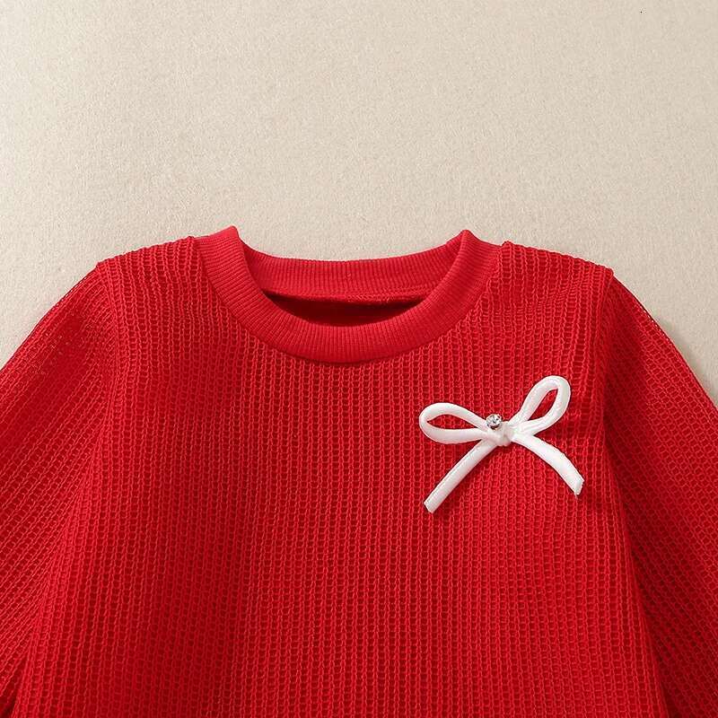 Ddmyshoesvip Girls Long Sleeve Crew Neck Sweater With Cute Bow Detail Cozy Winter Pullover For Kids Patchwork Knit Warm Clothes