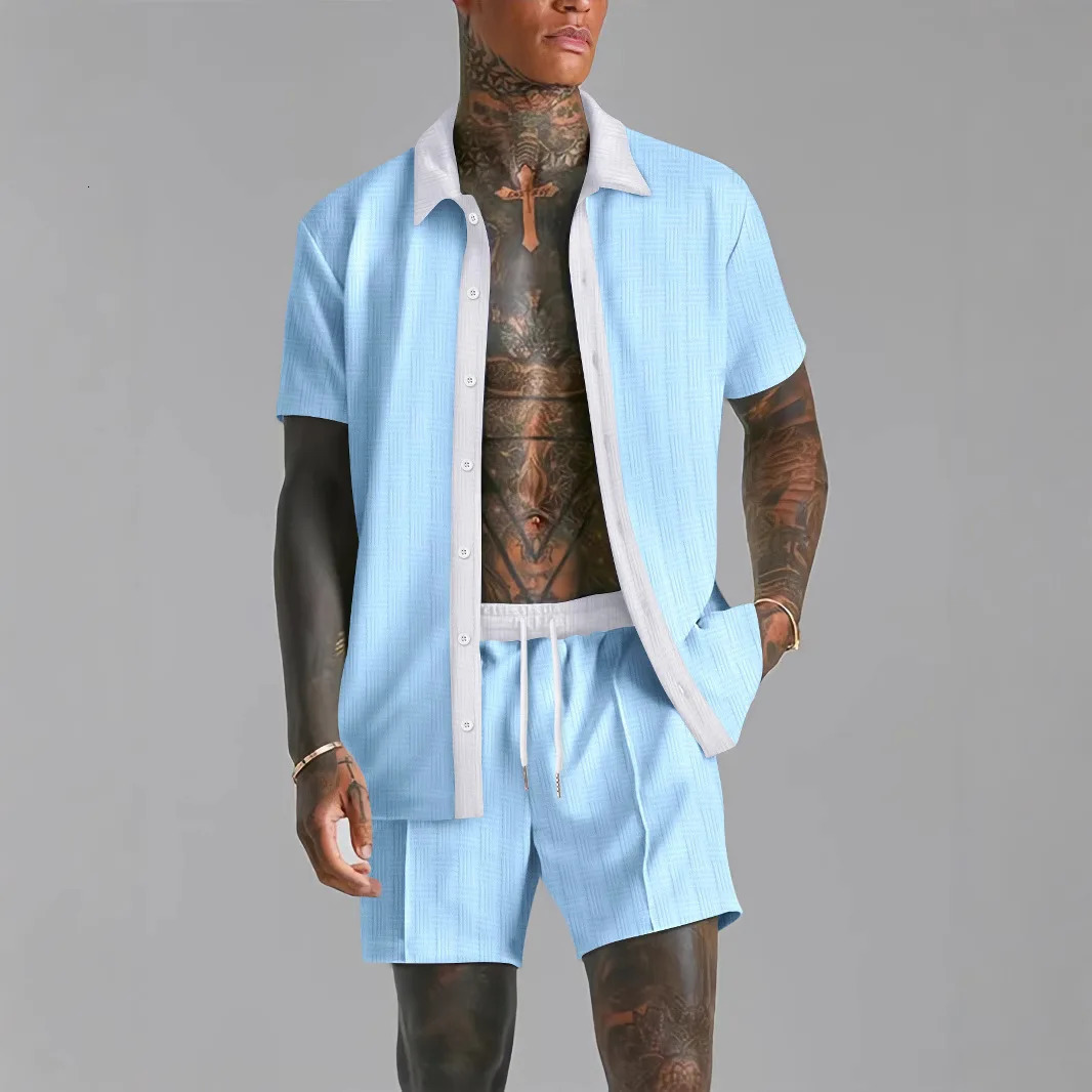 Summer mens casual suit patch work transparent lapel short sleeved shirt and shorts fashionable comfortable twopiece street TWear 250326
