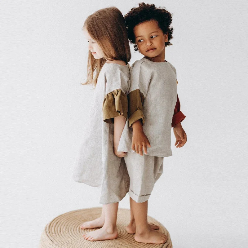 Girls Natural Linen Patchwork Dress Summer Baby Kids Flare Sleeve Casual Cotton And Linen Dresses Childrens Clothing TZ045 250326