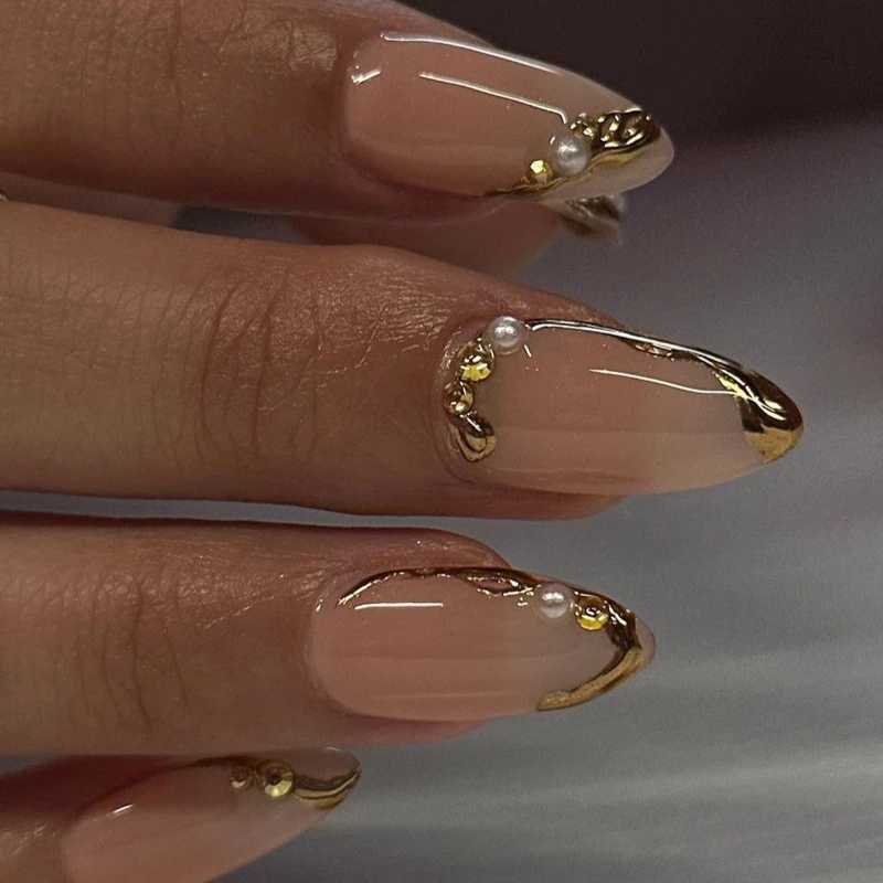 24 pieces of French gold edged wearable almond pressed on fake nails simple pearl decoration fake nail glue complete set of hand toolsXJ250327