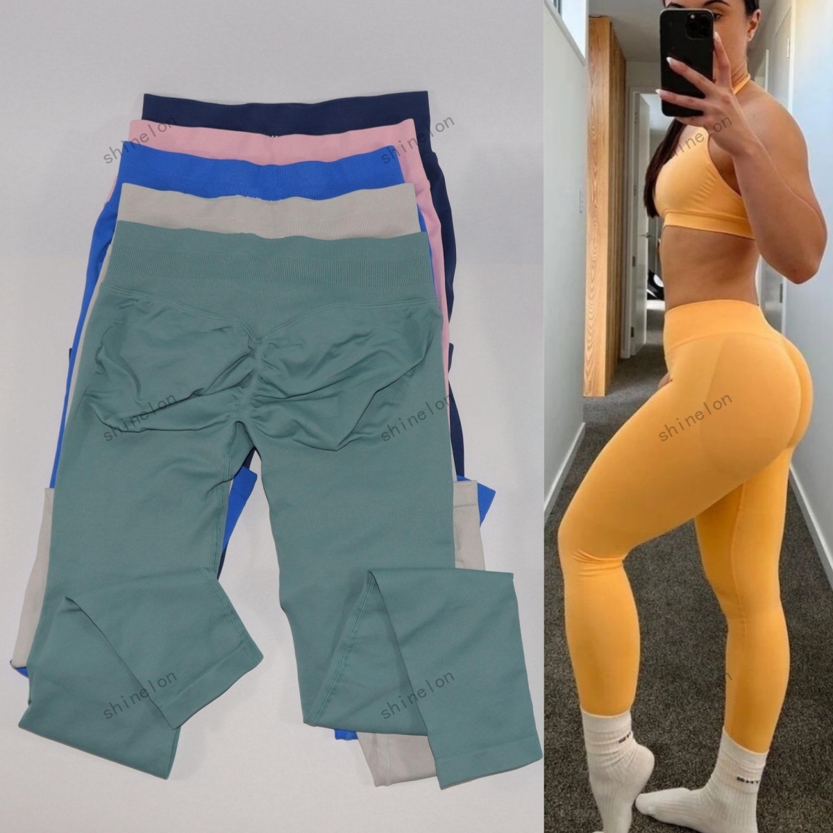 Gym Impact Leggings Women Scrunch Bum Yoga DF Leggings Pants Seamless Push Up Gym Leggings Booty Workout Pants Low Ribbed Band Running Tights For Running Training