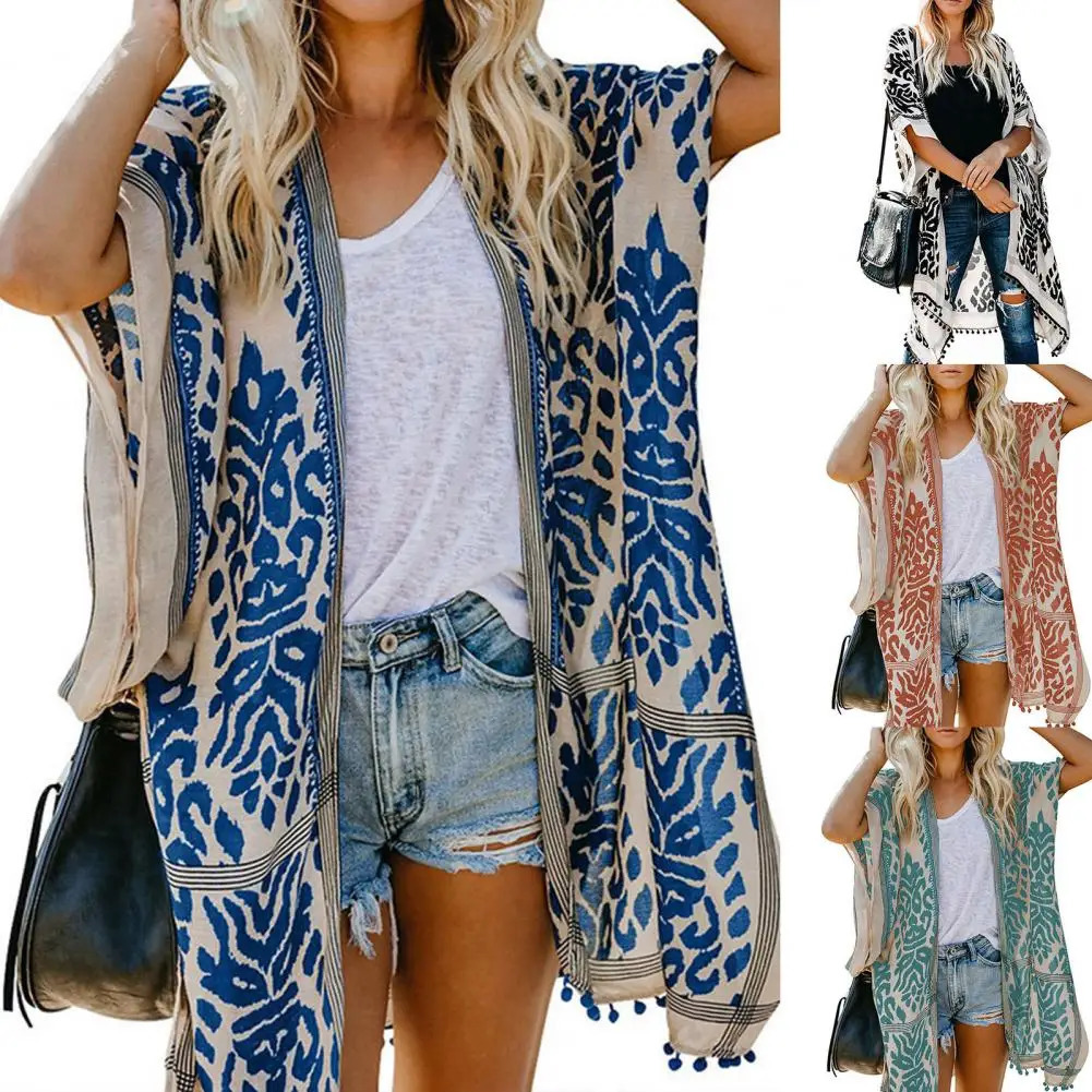 Swimsuit covered with full piece matching tassel ball breathable summer open front cardigan UV resistant wool sweater 250326