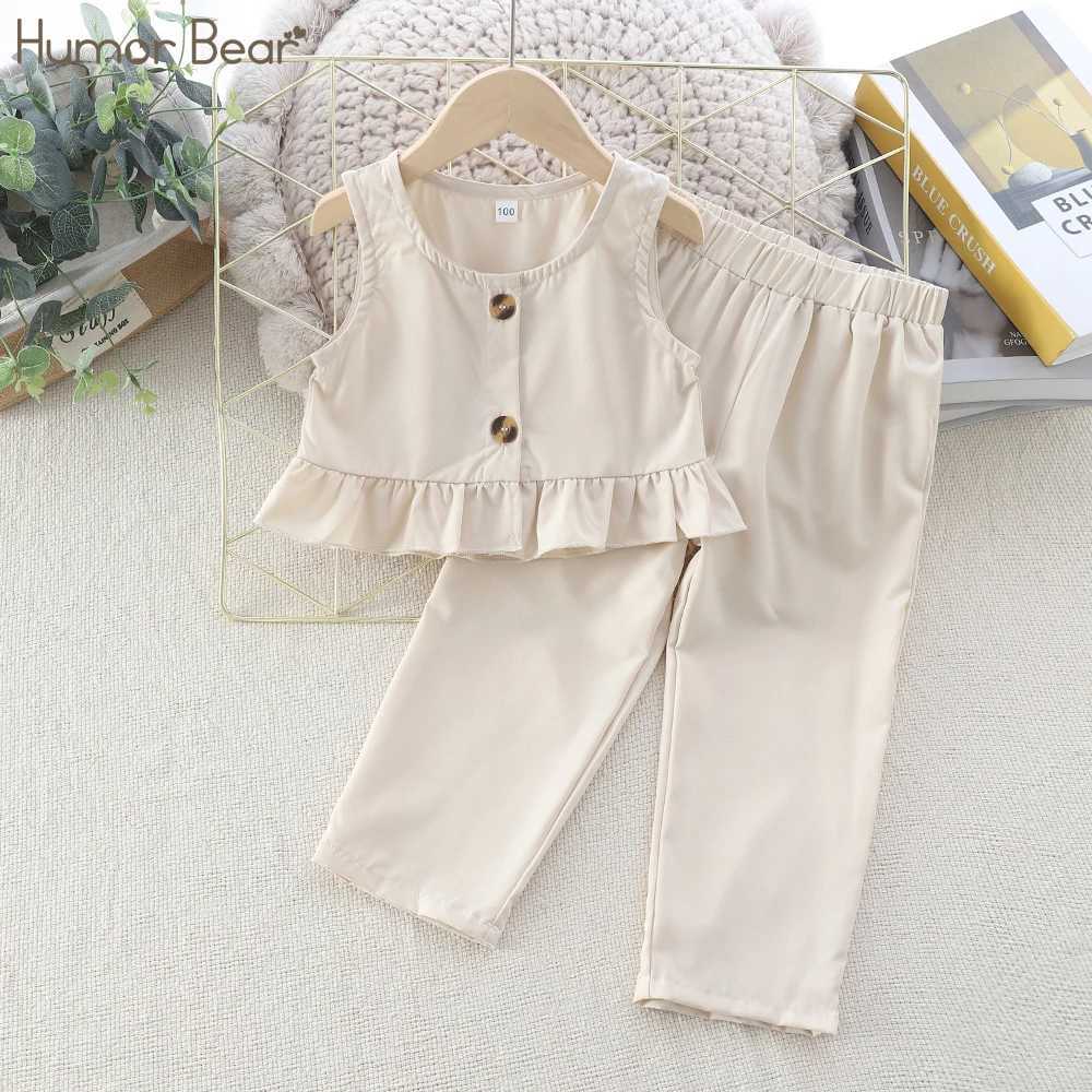 Girls clothing simple sleeveless set button vest design+beige pants childrens casual setT250327
