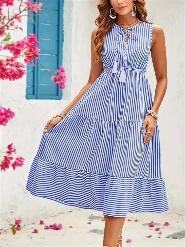 Dongdumaoyi Buttoned Striped Sleeveless Long Dress Spring Summer Design Inspired Tiered Export Women S Style C