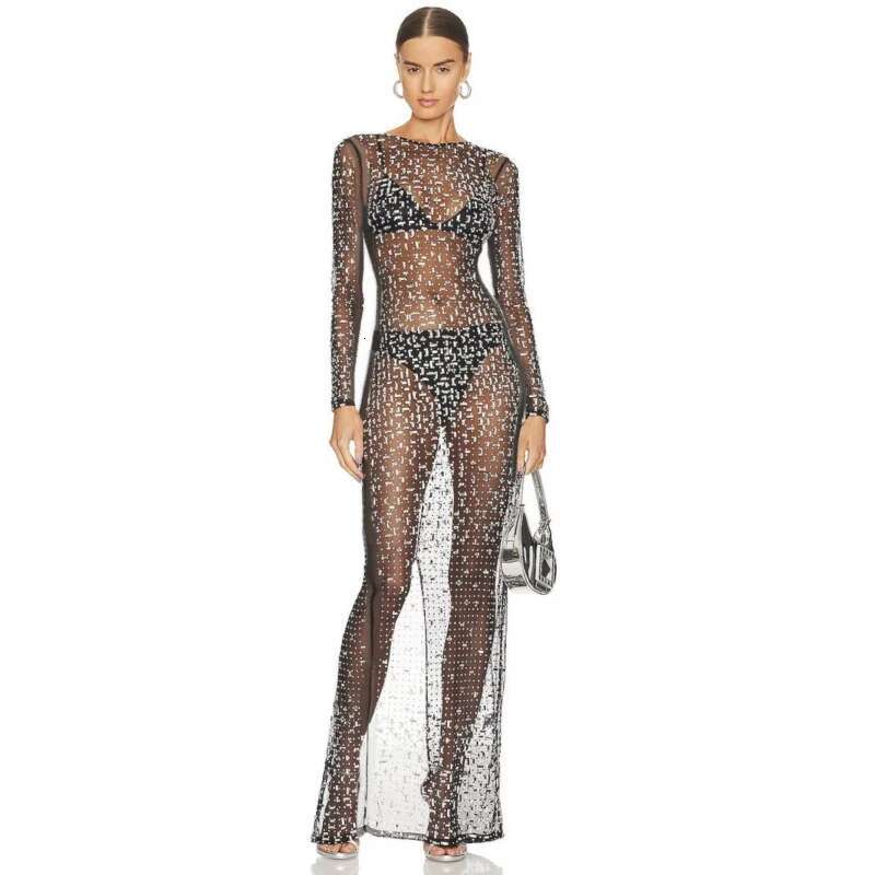 Dongdumaoyi Nieuwe Hot Fashion Sexy Strass Blouse Mesh Lange Mouw Split Jurk C