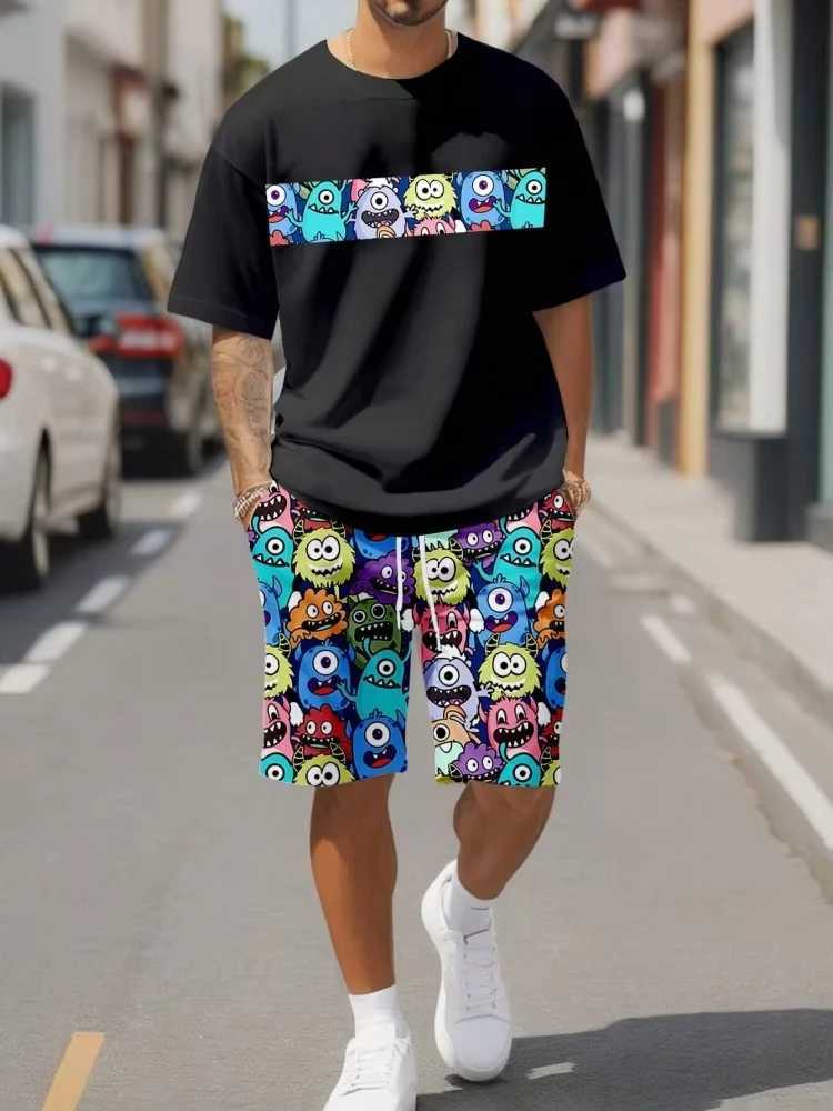 Cute cartoon print summer casual mens clothing city fashion street short sleeved top and shorts casual lightweight breathable COMFXJ250326