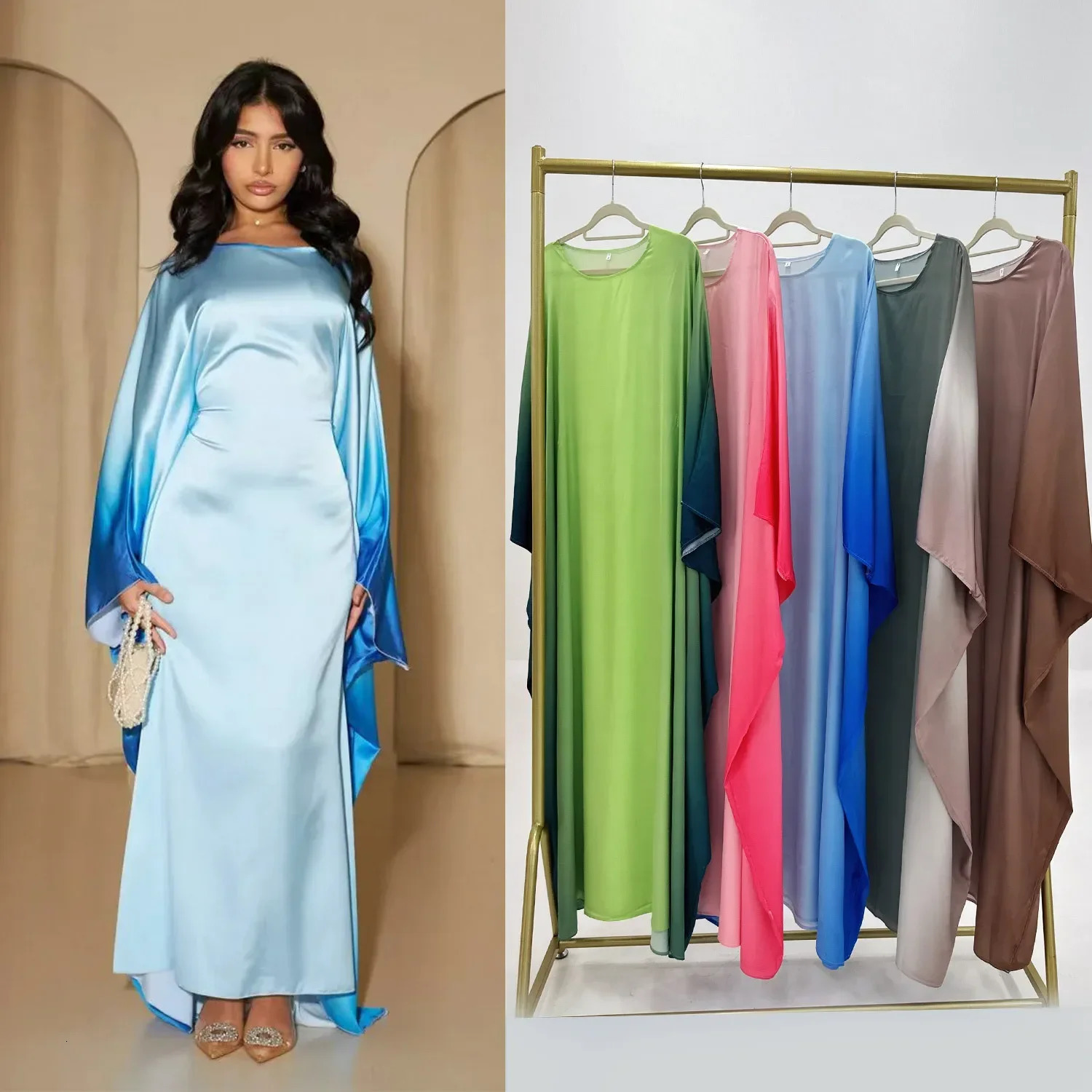 Womens Gradient Butterfly Ribbon Abaya Muslim Party Long Dress Abayas Dubai Slamic Clothing Eid al Fitr Ro 250326