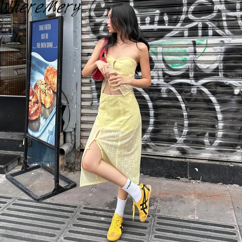 Among them the casual summer hollow womens twopiece set sleeveless shoulder top and high waisted long clothing 250326