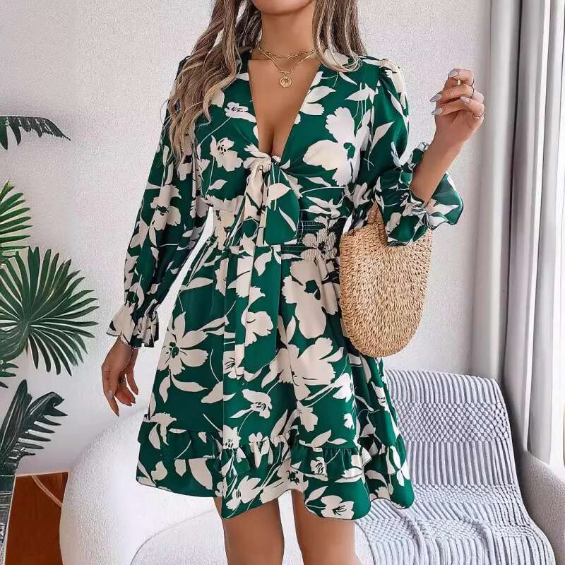 Dongdumaoyi Herfst Winter Casual Bloemen Stropdas Lange Mouwen Ruches Rand Damesmode Jurk C