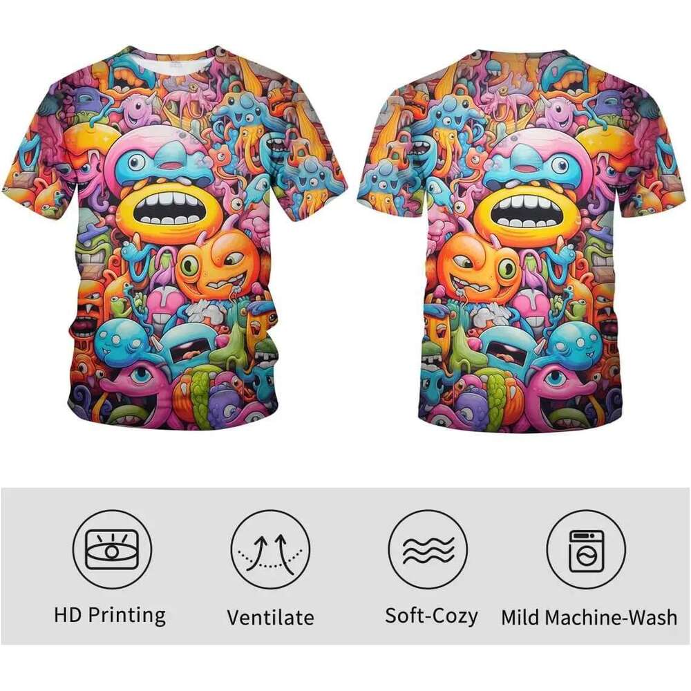 Men s and women D Trippy graffiti animation graphic T shirt short sleeved round neck