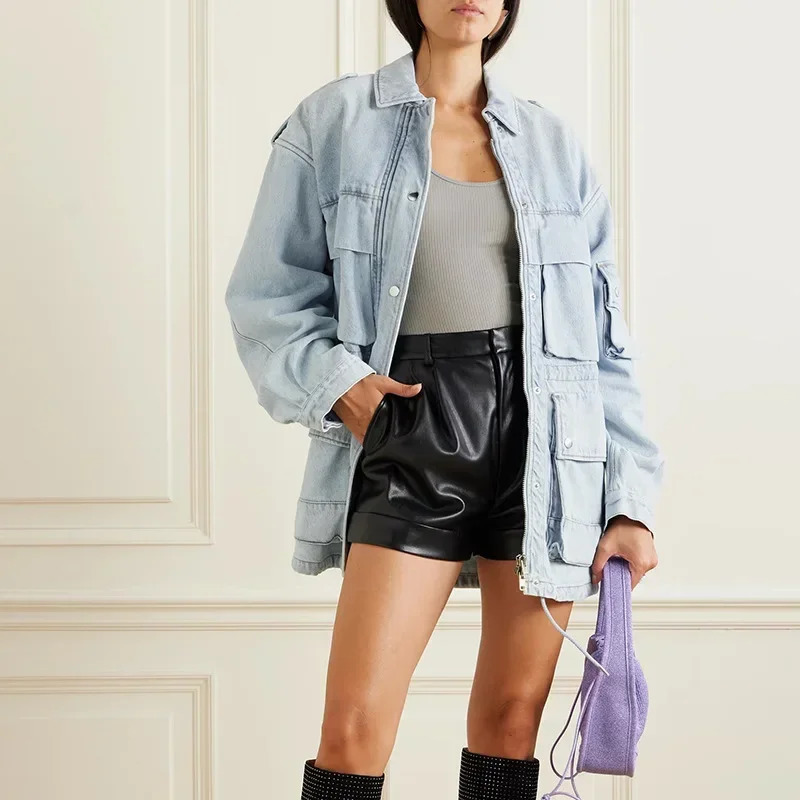 Cowboy jacket womens cargo lapel streetwear Y2k top loose casual single chest high waist punk 250326