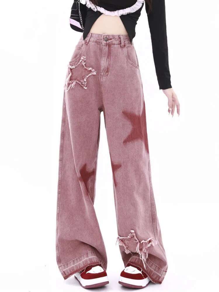 American Retro Five-Point Star Raw Edge Splicing Loose Wide-Leg Jeans Look Thin Trendy All-Match Mopping Pants Women