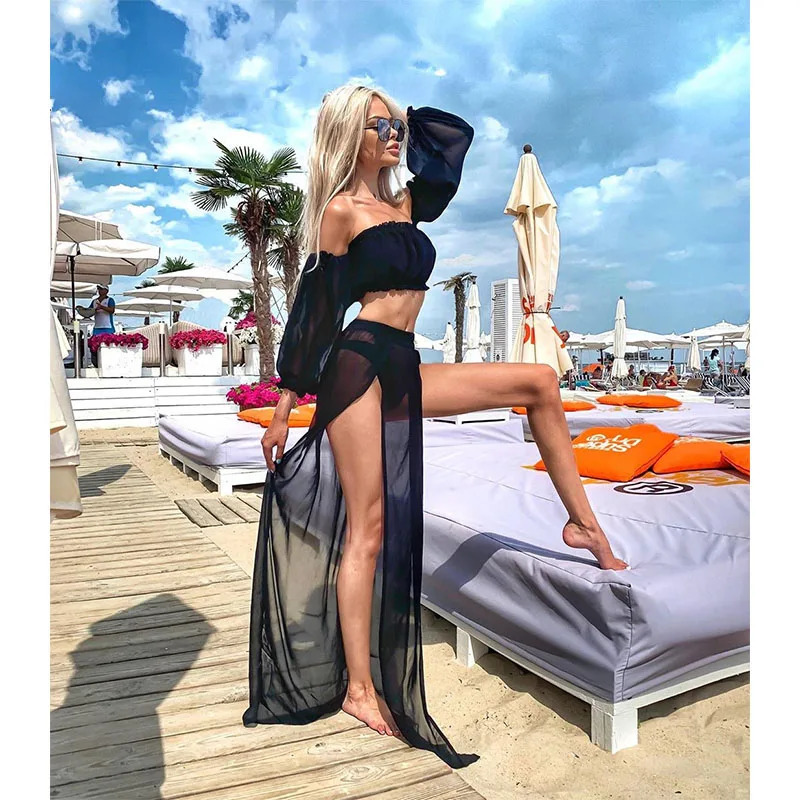 Puloru womens twopiece beach set summer solid color bikini top shoulder crop tophigh seam long skirt 250326