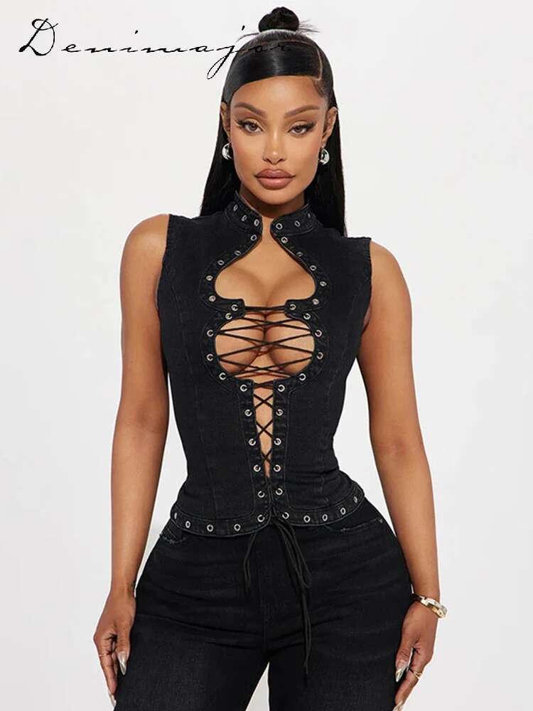 Sexy Denim Hollow Out Vest Women Slim Bandage Sleeveless Stand Collar Crop Tank Female Summer Fashion Y2k Lace Up Lady Top