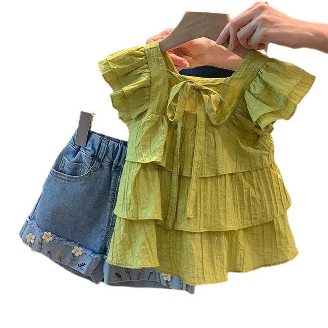 Kids Girls Clothing Sets Summer Ruffled Blouse Tops Shirts Embroidered Flower Denim Jeans Shorts 2pcs Clothes Suit 250326