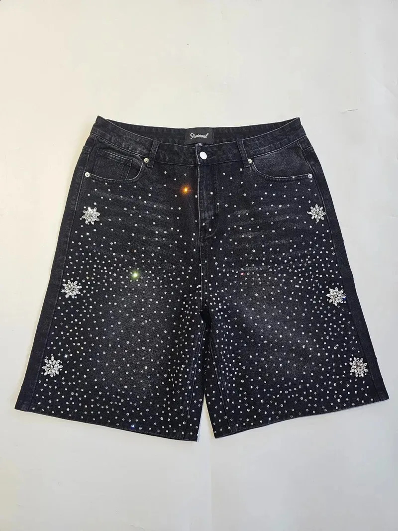 Summer Y2K retro washed blue Astro Jorts American Rhinestone fashion hip-hop denim shorts mens backpacks gym shorts streetwear 250327