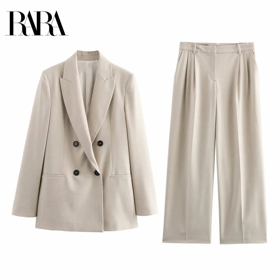 RARA Spring Womens Double Chest Set Jacket with Padded Shoulders Wrinkled High Waist Casual Mens Wear 250326