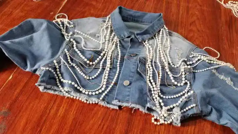 Womens denim jacket single chest short casual pearl lapel Y2k streetwear punk patchwork elegant 250326