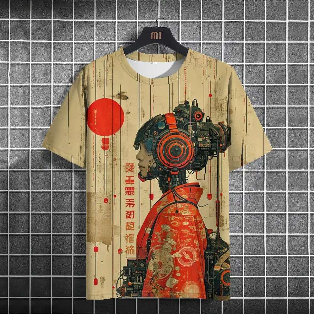 Men's Japanese T-shirt, mechanical character pattern T-shirt, short sleeved printed T-shirt, men's oversized jacket