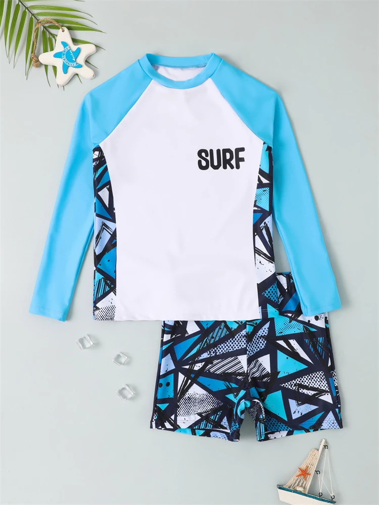 Boy Swimsuit 2025 Solid And Print Long Sleeve Children Swimwear Summer Kids Beach Wear Shorts Swimming Bathing Suit For Men 250326