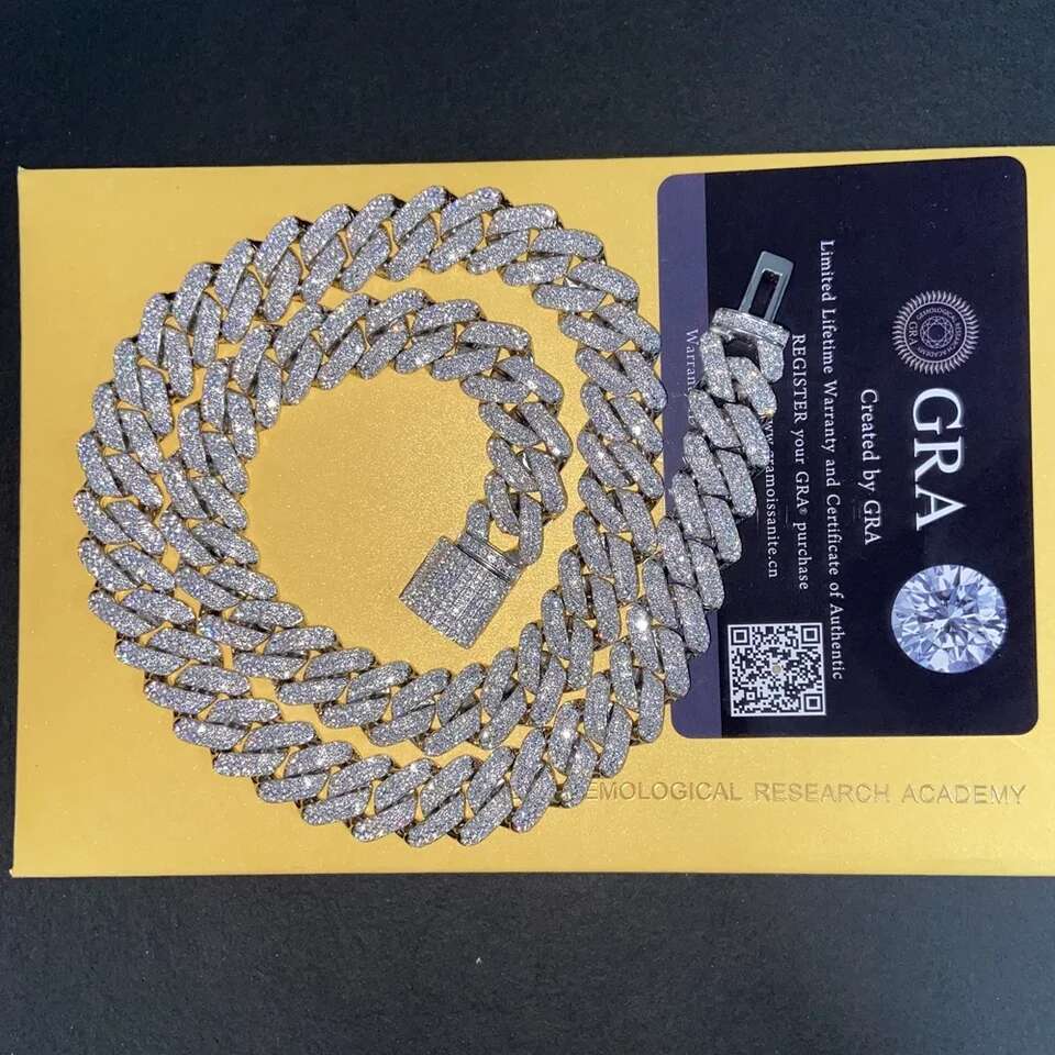 14mm 20inches Moissanite Ice Out 925 Silver Cuban Link Chain Neckalce For Men Jewelry