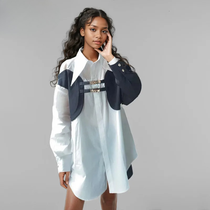 New Fashion Women Contrast Color Off-Shoulder Shirt Spring Lapel Long Sleeves Double Belt Design Blouse Female