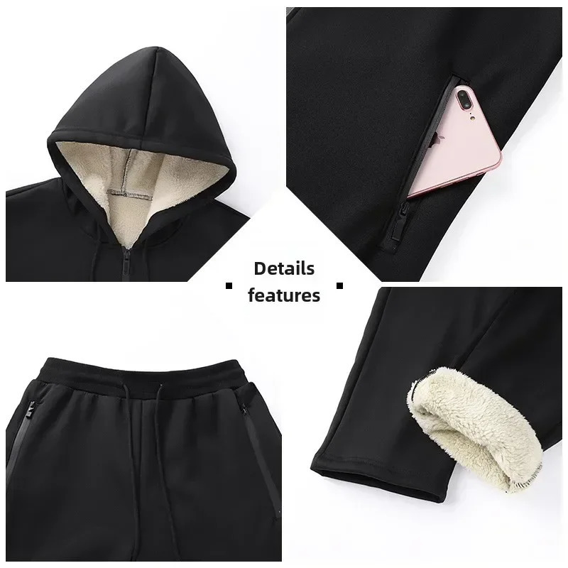 Winter track and field clothing mens wool sports suit running jogging hooded sweatshirt pants thick warm 250326