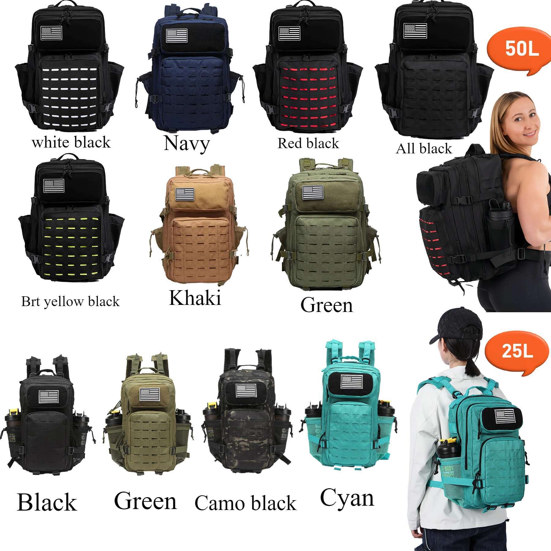 25L/50L Tactical Bag Hunting MOLLE Backpack GYM For Men EDC Outdoor Hiking Rucksack Witch 2 Bottle Holders
