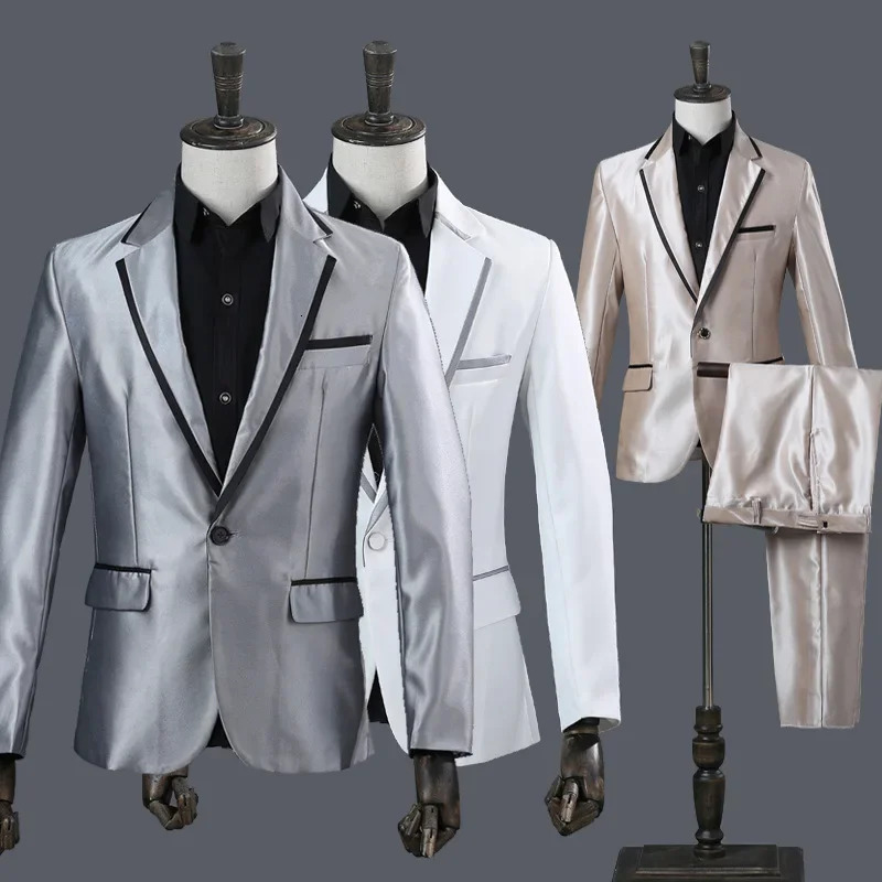Paneled Suit 2piece mens singer host stage performance jacket pants black white gold and silver portrait dress set 250326