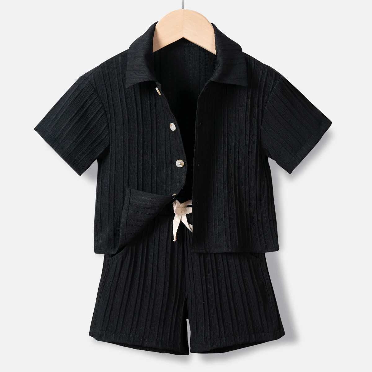 Boys Summer Set Solid Color Collar Short Sleeve Shirt Top and Shorts Loose Set Daily Travel or Family Fashion SetT250327
