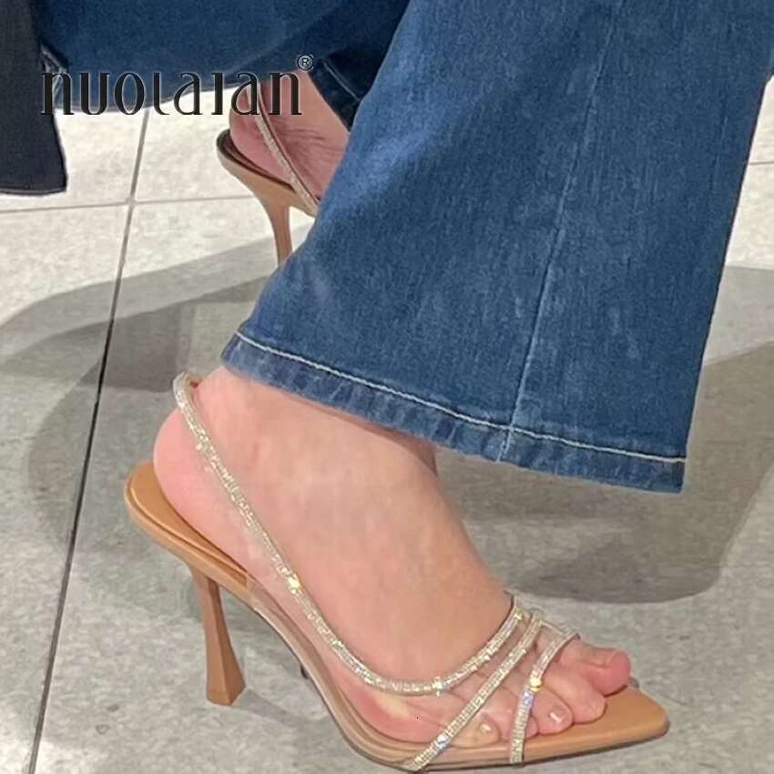 2023 Women Summer Rhie Sgback Pumps Office Lady Transparent Heeled Sandals Elegant Pointed Toe y High Heels
