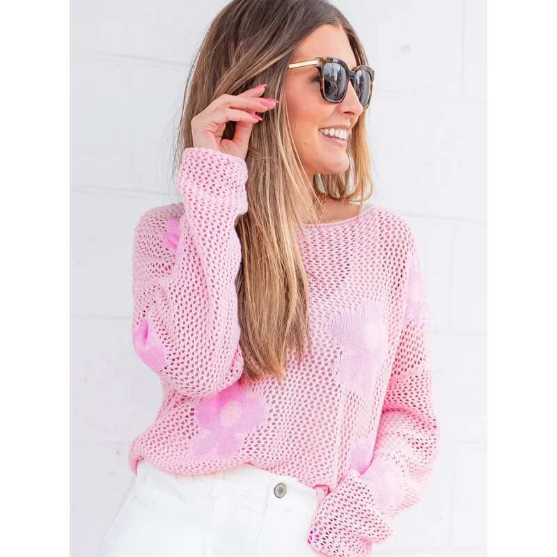Dongdumaoyi Lente Zomer Nieuwe Trui Ronde Hals T Shirt Dames Lichtgewicht Casual Uitgehold Gebreid Lange Mouw Damesmode Top