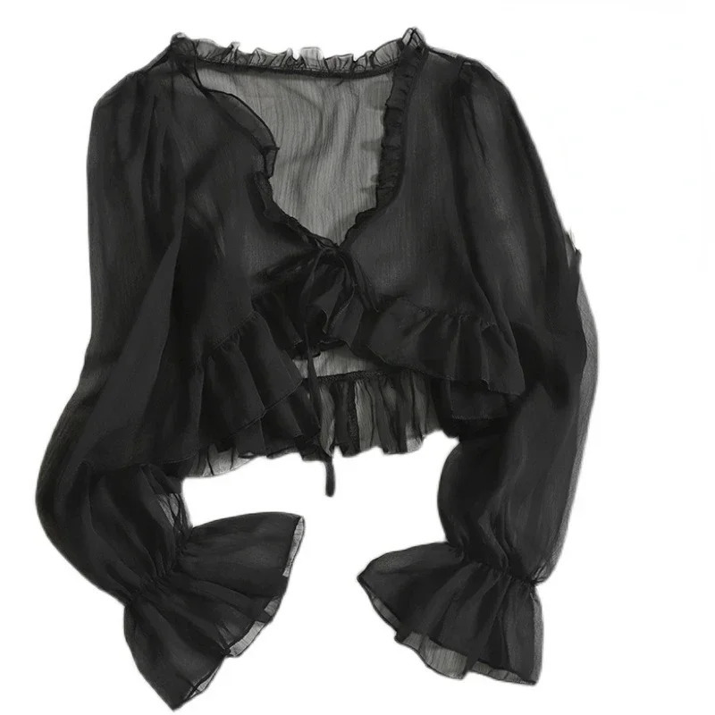 Chiffon Sunshade Shirt Womens Summer Ice Silk Pure Thin Sweet Ruffle Dress Vneck Open Fleece Sweater 250326