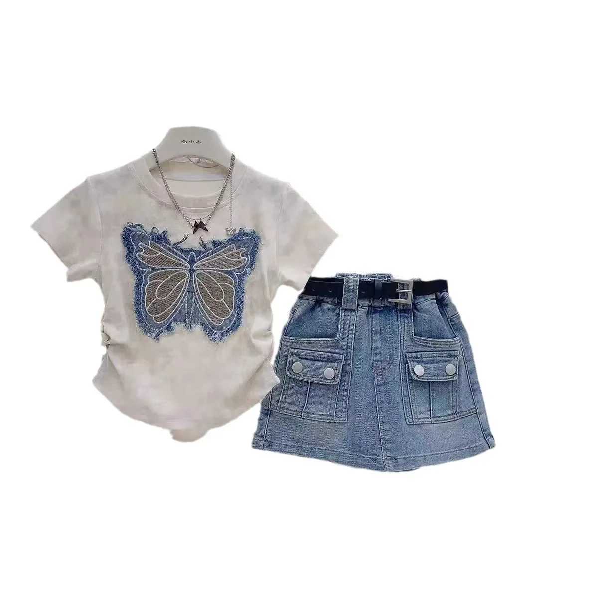 Girls clothing set for summer personalized patchwork fabric embroidered short sleeved top+childrens casual denim bodysuitT250327