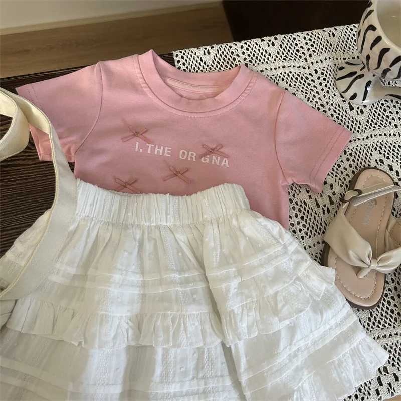 Angel Childrens Clothing 2025 New Summer Girls Bow Short Sleeve T-shirt Childrens Foreign style Culloses Two Piece SetT250327